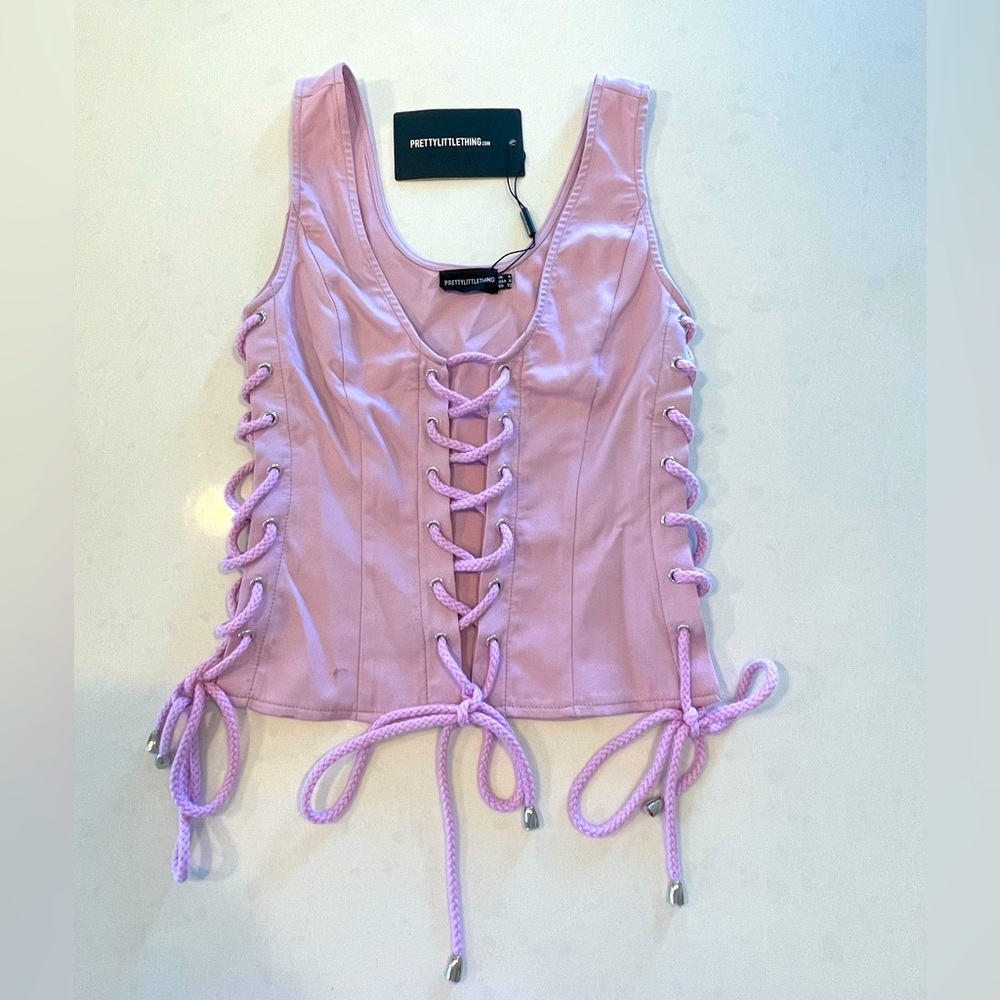 Lilac Woven Lace Up Detail Plunge Sleeveless Top 0